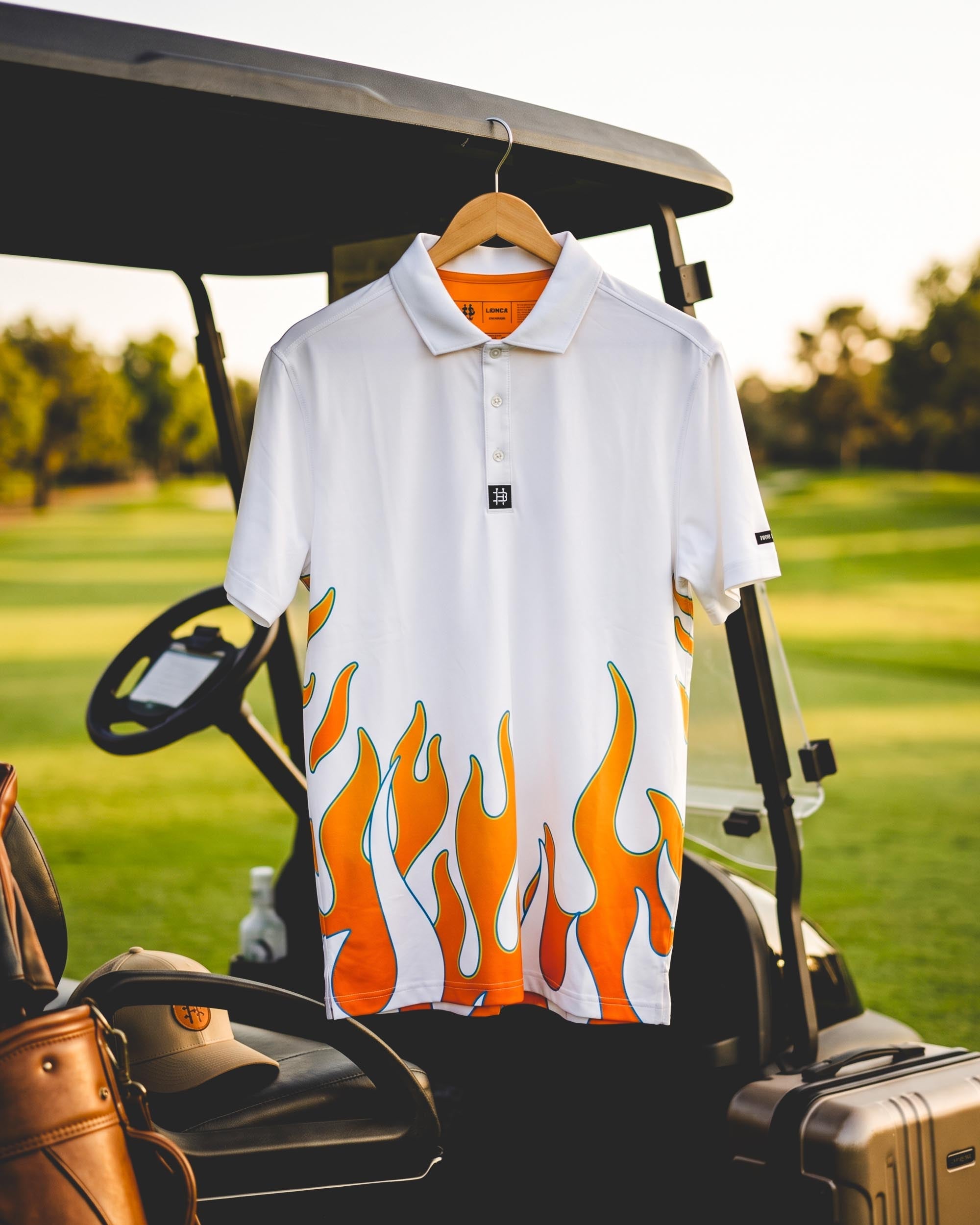 White Vintage Flames Modern Performance Polo